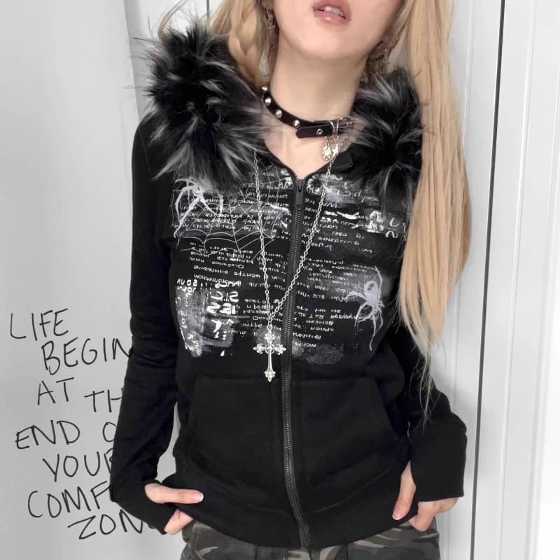 American Retro Fur Patchwork Grunge Hoodies Women Vintage Gothic Print Hooded Zip-up Sweatshirts Harajuku Aesthetic Y2k Jacket