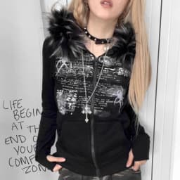 American Retro Fur Patchwork Grunge Hoodies Women Vintage Gothic Print Hooded Zip-up Sweatshirts Harajuku Aesthetic Y2k Jacket