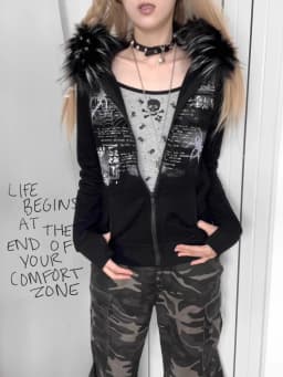 American Retro Fur Patchwork Grunge Hoodies Women Vintage Gothic Print Hooded Zip-up Sweatshirts Harajuku Aesthetic Y2k Jacket