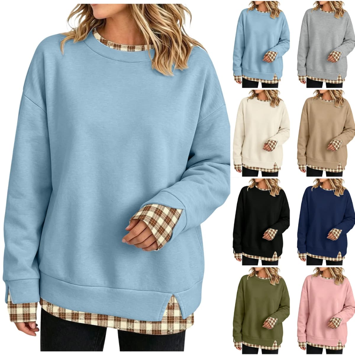 Crew Neck Sweatshirts Women Cute Long Sleeve Oversized Sweatshirt Plaid Pullove In Layered Tunic Drop Medium Weight Hoodie