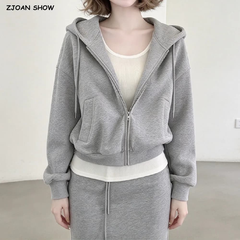 5 Colors Autumn Women Zip Up Hooded Sweatshirt Drawstring Hat Long Sleeve Hoodies Sweats Loose Jumper Gray Navy White