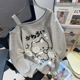 Cute Design Shoulder Bared Long Sleeve Sweatshirt Women's Autumn Sweet Milkish Casual Fashion Loose Fit Printed Hoodie