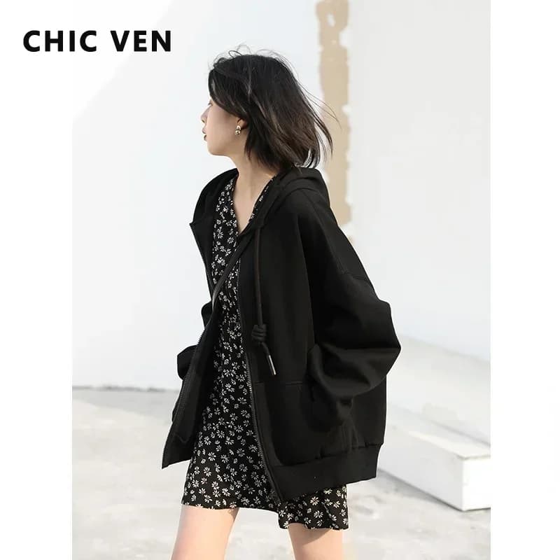 CHIC VEN Women's Hoodies Sweatshirts Casual Solid Loose Drawstring Jackets Korean Female Clothes Streetwear Spring New 2024