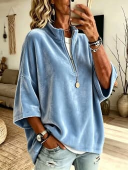 Autumn Winter Velvet Solid Half Zip Sweatshirts Stand Collar 3/4 Sleeve Loose Casual Pullover Tops Women Vacation Daily Hoodie