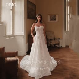 OIMG Lace Flare Sleeves A Line Wedding Dress Strapless Bride Dresses Floor Length With Tail Wedding Gowns Customized