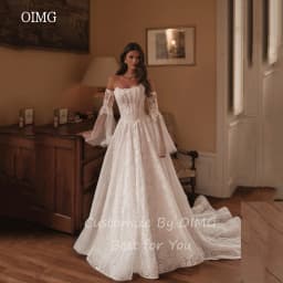 OIMG Lace Flare Sleeves A Line Wedding Dress Strapless Bride Dresses Floor Length With Tail Wedding Gowns Customized