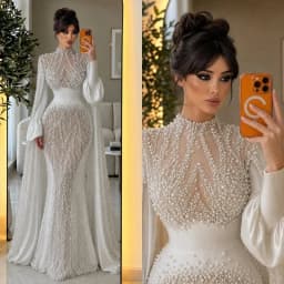 Exquisite Pearls Mermaid Weddinmg Dress With Cape Long Sleeve High Neck Bridal Gown Beaded Customized Formal Party