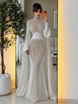 Exquisite Pearls Mermaid Weddinmg Dress With Cape Long Sleeve High Neck Bridal Gown Beaded Customized Formal Party