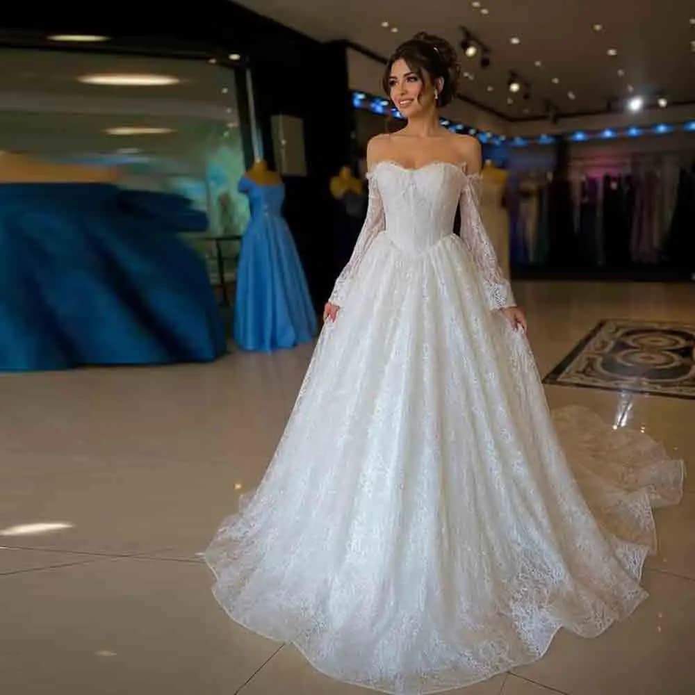 Customized Off Shoulder Wedding Dress Detachable Long Lace Sleeves Sweetheart Corset Back Lace Ball Gown Bridal Dress