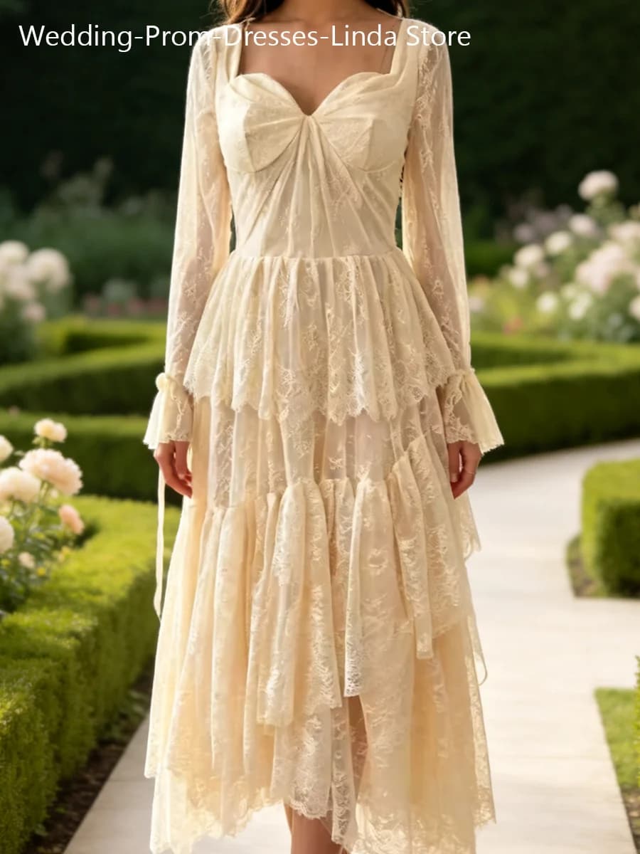 Elegant Sweetheart Long Lace Sleeve Ruffles A-Line Bride Wedding Dresses Bridal Gowns Customized