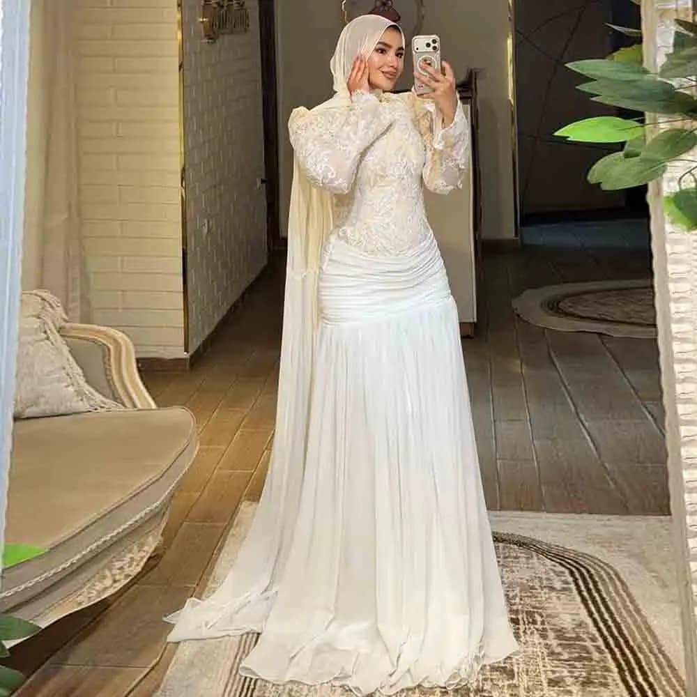 Customized Modest Muslim Hijab Wedding Dress High Neck Lace Appliques Bridal Gown Ruched Chiffon Islamic Robe De Mariée