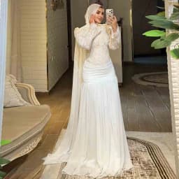 Customized Modest Muslim Hijab Wedding Dress High Neck Lace Appliques Bridal Gown Ruched Chiffon Islamic Robe De Mariée