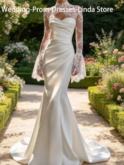 Elegant Sweetheart Ruched Full Sleeve Mermaid Bride Wedding Dresses Bridal Gowns Customized