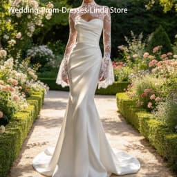 Elegant Sweetheart Ruched Full Sleeve Mermaid Bride Wedding Dresses Bridal Gowns Customized