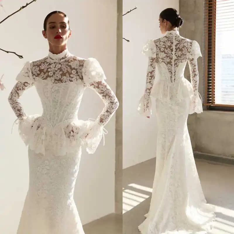 Elegant Mermaid Wedding Dress Long Sleeve High Collar Applique Lace Bride Gown Customized Vestido De Novia