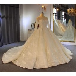 Lqq Customized Graceful Lace Applique Pearls Wedding Dresses Ball Gown Long Sleeves Shiny Wedding Dress