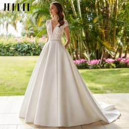 Elegant Classic Sexy Wedding Dresses Cap Sleeve V-Neck Lace Bridal Dress A Line Court Train Gown New Vestido De Novia Customized