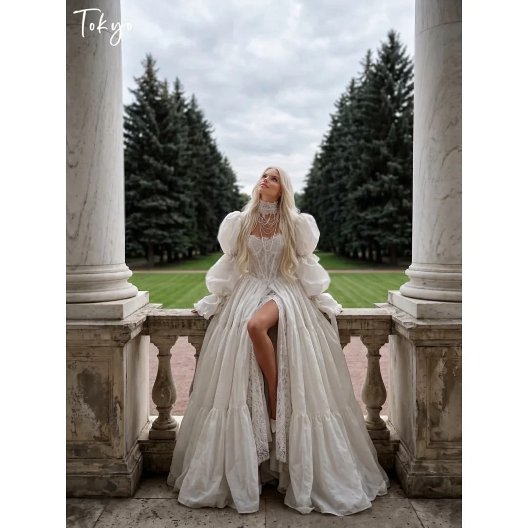 Tokyo Customized Tiered Ruffle Floor-Length Prom Dress Lace Applique vestidos de noche Puff Sleeve High Neck Evening Dresses