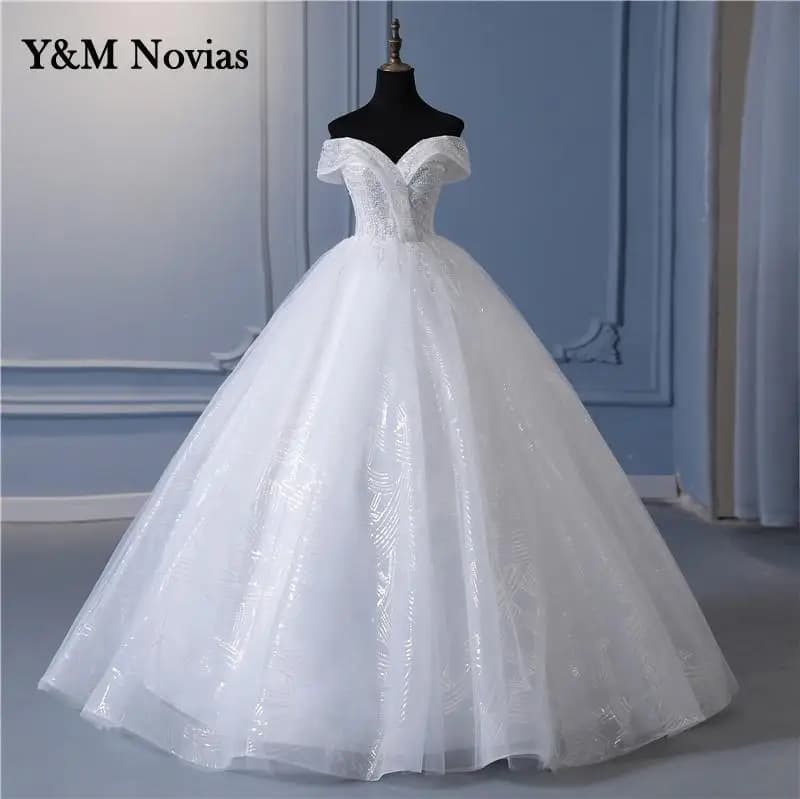 Y&m Novias Glitter vory Wedding Dresses Lace Beaded Ball Gown Cheap Off The Shoulder Short Sleeve Bridal Customized Plus Size