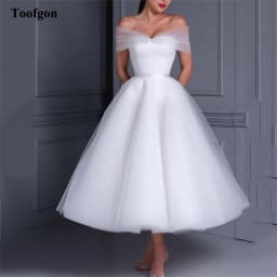 Toofgon Simple Tea Length Midi Wedding Dresses Off The Shoulder Lace Top Tulle Bridal Gowns Bride Formal Party Dress Customized