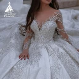 Aurora Customized Exquisite Luxury V Neck llusion Full Sleeves Wedding Dress Train Off Shoulder Beaded Appliqued Bridal Gown