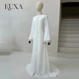 KUXA Elegant Muslim Wedding Dresses A-Line Formal Lace Long Sleeves Floor-Length Bridal Gowns Button Sweep Train Customized