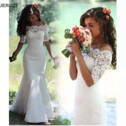 Lace Boho Mermaid Wedding Dresses Half Sleeves Off The Shoulder Beach Bridal Dresses Elegant Wedding Gowns