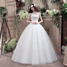 It's Yiiya Wedding Dress Lace White High Collar Short Sleeve Brling Simple Princess Floor-length Plus size Bride Ball Gown XN075