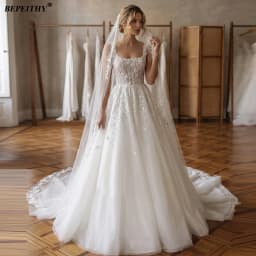 BEPEITHY Customized Square A Line Glitter Wedding Dresses For Women 2026 Summer Lace Bride Ivory Bridal Gown Boho Plus Size
