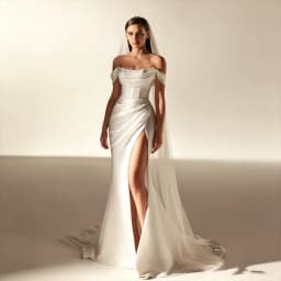 Customized Off Shoulder Boat Neckline Trumpet Wedding Dress Lace-up Back Floor Length High Slit Sweep Train Gown For Bride 2026