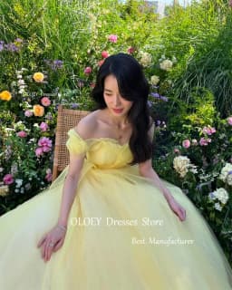 OLOEY Yellow Tulle Evening Dresses Korea Wedding Photo Shoot Customized Garden Off Shoulder Corset Back Prom Dress Floor Length