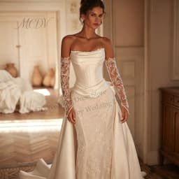 Elegant Satin Lace Mermaid Wedding Dresses 2026 New Detachable Overskirt with Bow Full Sleeve Corset Back Bridal Gown Customized