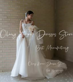 OLOEY Luxury Flowers Wedding Dress Spaghetti Straps Sweep Train Organza Korea Photo Shoot Bridal Reception Gown Custom웨딩드레스