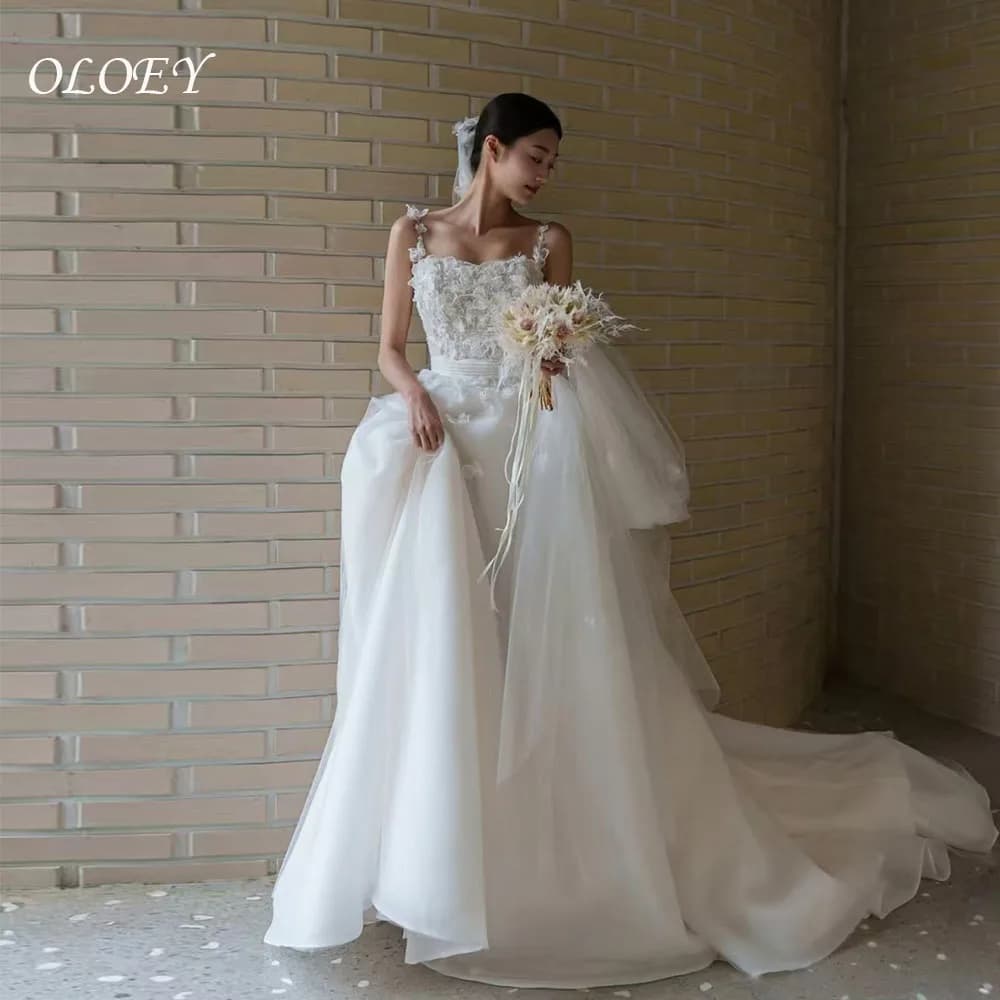 OLOEY Luxury Flowers Wedding Dress Spaghetti Straps Sweep Train Organza Korea Photo Shoot Bridal Reception Gown Custom웨딩드레스