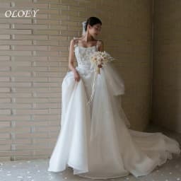OLOEY Luxury Flowers Wedding Dress Spaghetti Straps Sweep Train Organza Korea Photo Shoot Bridal Reception Gown Custom웨딩드레스