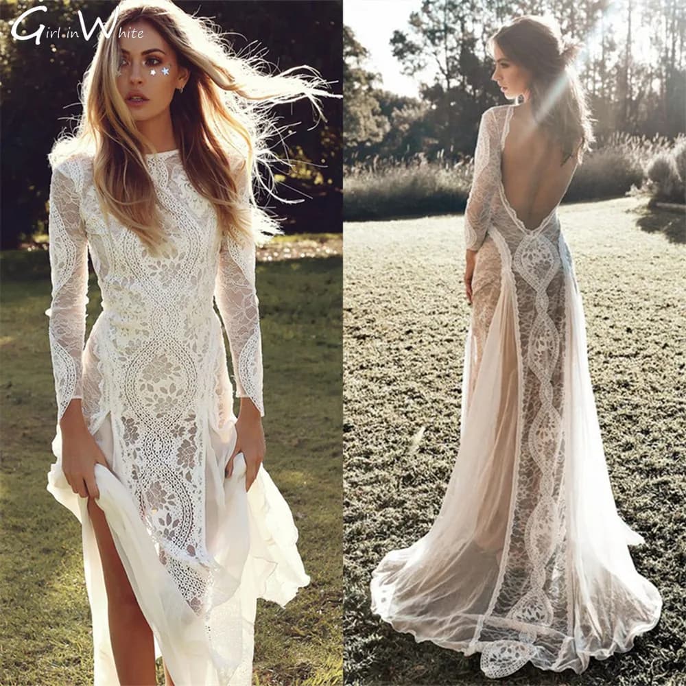 Bohemian customized Split Wedding Dresses Lace Sheath Bride Robes Full Sleeves Backless Bridal Gowns Beach Vestido De Noiva