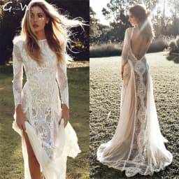Bohemian customized Split Wedding Dresses Lace Sheath Bride Robes Full Sleeves Backless Bridal Gowns Beach Vestido De Noiva