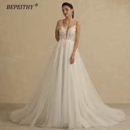 BEPEITHY Customized V Neck Spaghetti Straps A Line Lace Wedding Dresses For Women 2026 Shinny Sleeveless Boho Bridal Party Gown