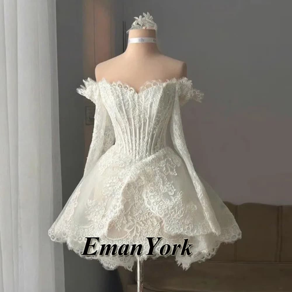 EmanY Delicate Short Wedding Dresses for Women with Appliques Off the Shoulder A-line Lace up Vestidos Novias Boda Customized