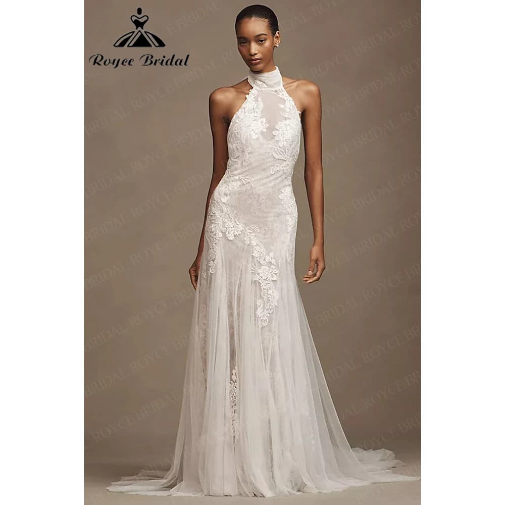 Vintage Halter Wedding Dress Lace Tulle Mermaid Applique Open Back Boho Brides Gown Elegan Vestido De Novia Boda 2026 Customized