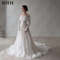 JEHETH Lvory Lace 2025 New Wedding Dresses Off The Shoulder Full Sleeves Bridal Gowns Women Sweep Train Bride Dresses Customized