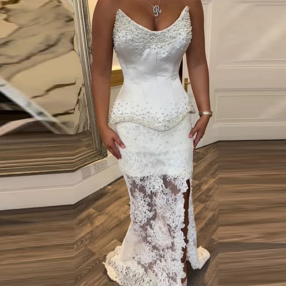 Two Piece Ivory Satin Mermaid Wedding Dress Strapless Beading Floor Length Wedding Gowns for Brides Hem Lace Bridal Gown