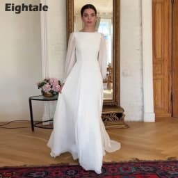 Eightale Boho Wedding Dress Customized O-Neck Long Sleeves White Ivory A-Line Chiffon Muslim Bridal Gown Vestido De Noiva