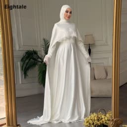 Eightale Arabic Wedding Dress O-Neck Customized Ivory Floor Length Muslim Long Sleeves Bridal Gown Party Dress