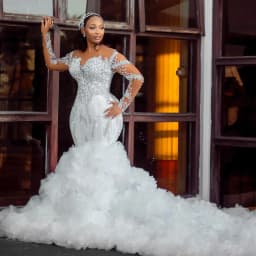 Ruffled African Wedding Dresses Black Girls Mermaid Long Sleeves Beaded Aso Ebi Women Bridal Gowns Vestido De Novia Customized