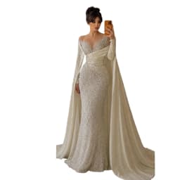 Elegant Pearls Wedding Dresses O Neck Mermaid Bridal Gowns with Cape Long Sleeve Customized Vestidos De Novia