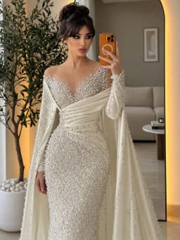 Elegant Pearls Wedding Dresses O Neck Mermaid Bridal Gowns with Cape Long Sleeve Customized Vestidos De Novia
