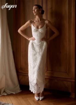 Customized White Lace Spaghetti Strap Wedding Dress Mermaid Lace Bridal Gown Elegant Mermaid Ankle-Length Wedding Gown 2026