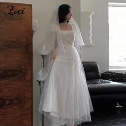 Zoci Korean Wedding Dresses Square Collar Short Sleeves Bridal Gown A-Line Floor-Length Bridal Gown Customized Evening Dresses