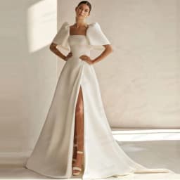 Luxury Wedding Dresses A Line Woman's Sexy Square Collar Short Sleeve High Split Satin Bride Gowns Vestidos De Novia Customized